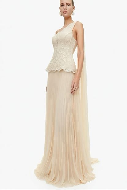 Bej İşlemeli Korse Üstlü Pileli Şifon Abiye Elbise