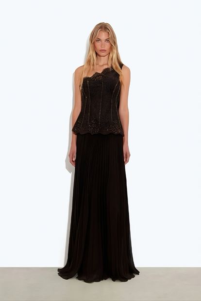 Kahverengi İşlemeli Korse Üstlü Pileli Şifon Abiye Elbise