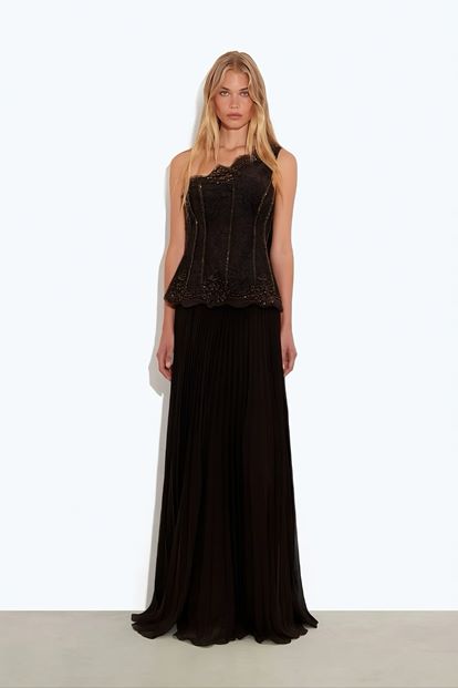 Kahverengi İşlemeli Korse Üstlü Pileli Şifon Abiye Elbise