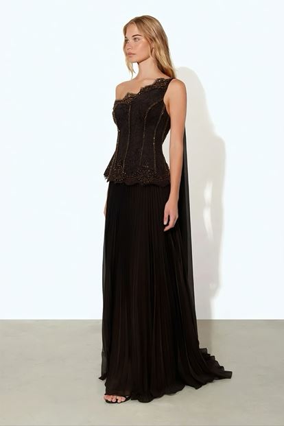 Kahverengi İşlemeli Korse Üstlü Pileli Şifon Abiye Elbise