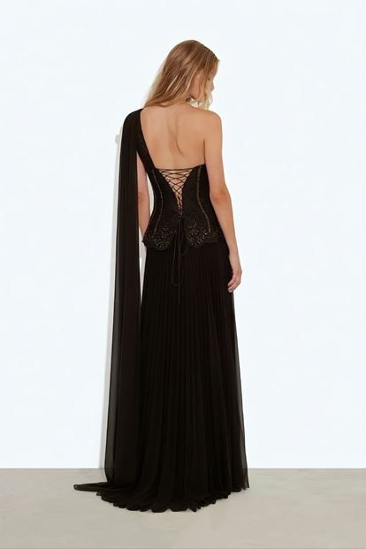 Kahverengi İşlemeli Korse Üstlü Pileli Şifon Abiye Elbise