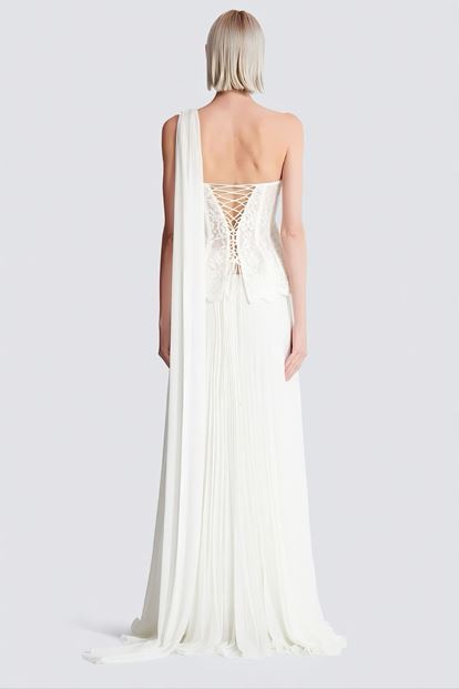 Kemik İşlemeli Korse Üstlü Pileli Şifon Abiye Elbise