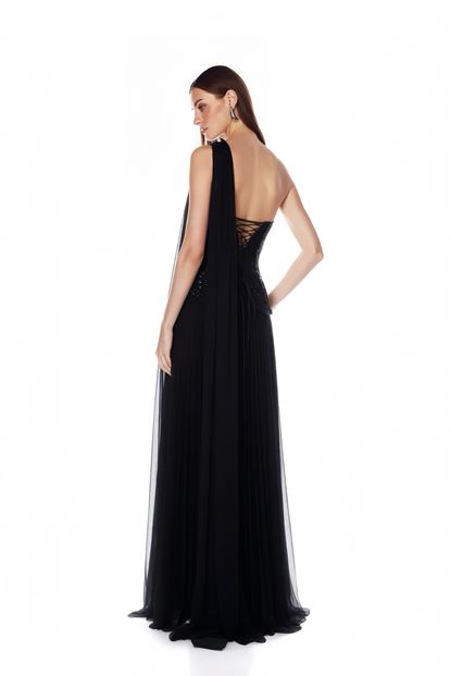 Siyah İşlemeli Korse Üstlü Pileli Şifon Abiye Elbise