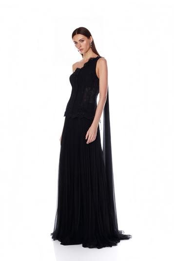 Siyah İşlemeli Korse Üstlü Pileli Şifon Abiye Elbise