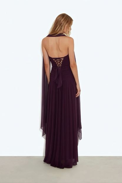 Mor Asimetrik Kesim Pileli Abiye Elbise