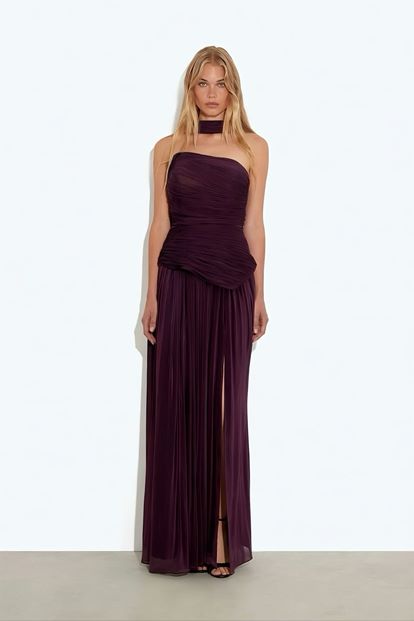 Mor Asimetrik Kesim Pileli Abiye Elbise