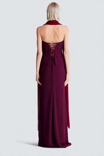 Bordo Işıltı Detaylı Abiye Elbise