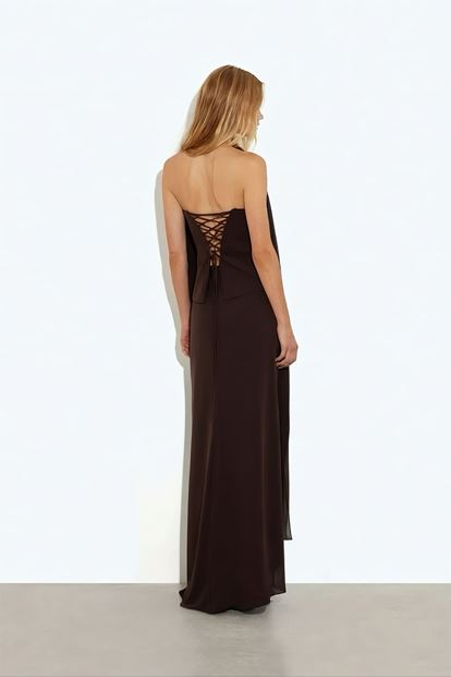 Kahverengi Işıltı Detaylı Abiye Elbise