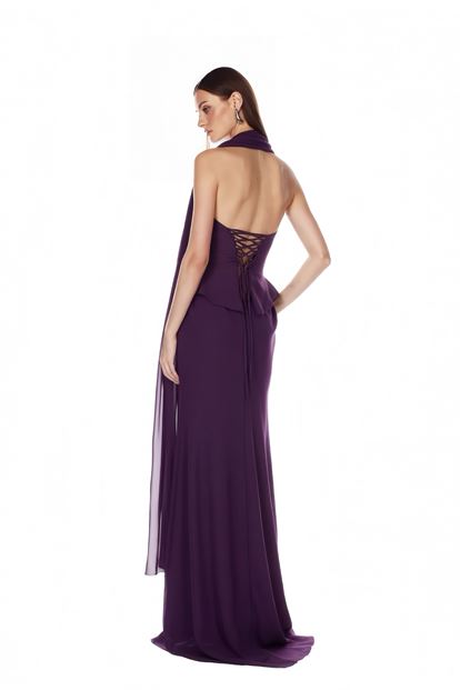 Mürdüm Işıltı Detaylı Abiye Elbise