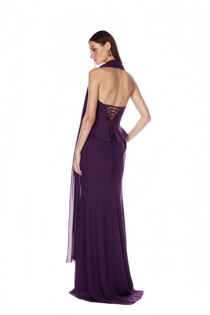 Mürdüm Işıltı Detaylı Abiye Elbise