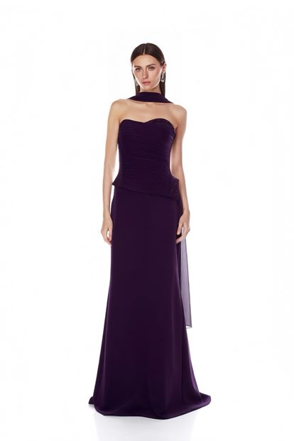 Mürdüm Işıltı Detaylı Abiye Elbise