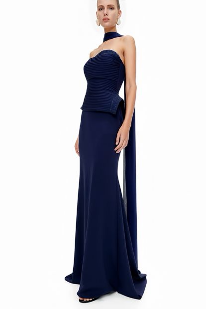 Lacivert Işıltı Detaylı Abiye Elbise