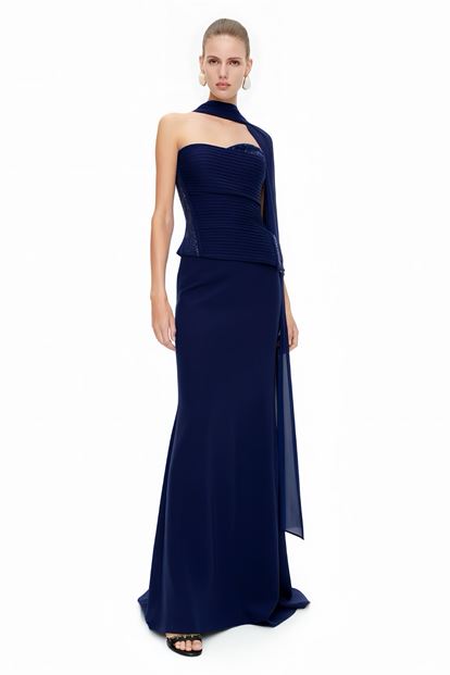 Lacivert Işıltı Detaylı Abiye Elbise