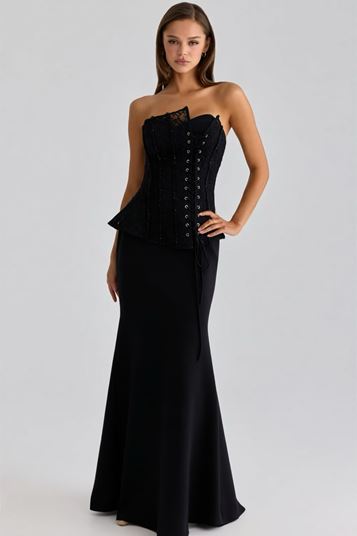 Siyah Bağcıklı Korse Detaylı Abiye Elbise