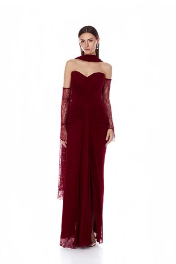 Bordo Straplez Dantel Abiye Elbise