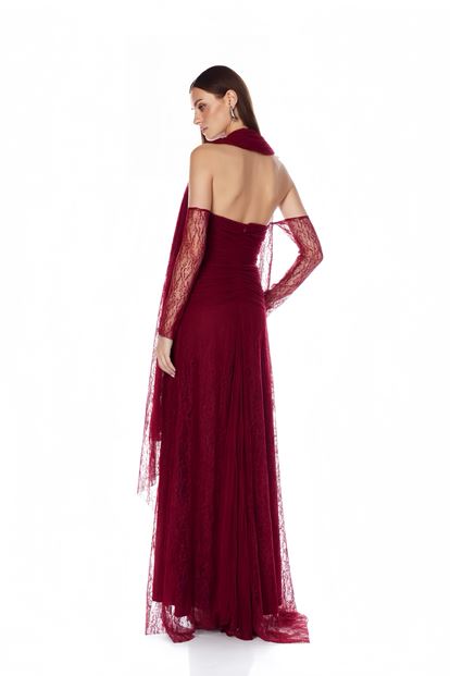Bordo Straplez Dantel Abiye Elbise