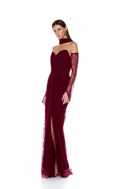 Bordo Straplez Dantel Abiye Elbise