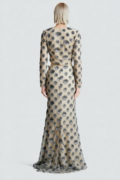 Beige Sequin Crop Evening Dress Set