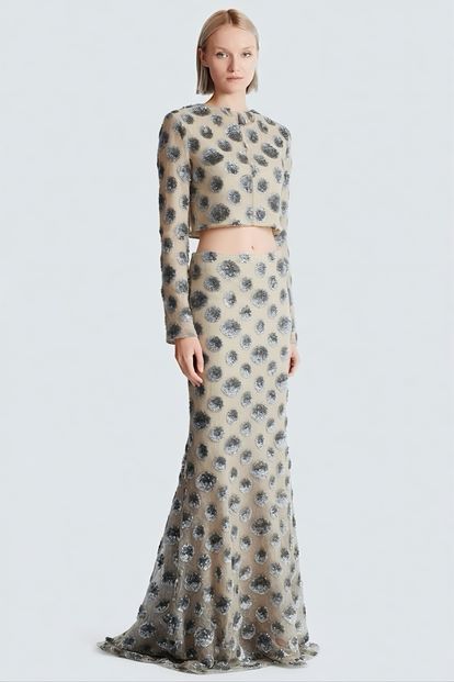 Beige Sequin Crop Evening Dress Set