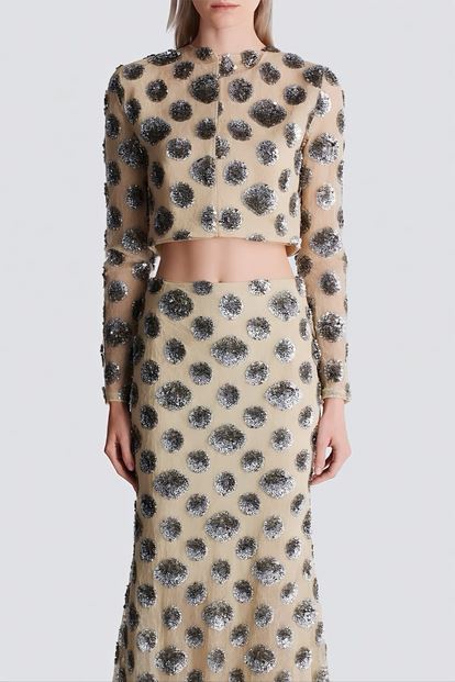 Beige Sequin Crop Evening Dress Set
