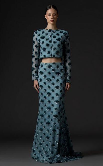 Mint Sequin Crop Evening Dress Set