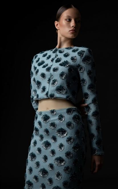 Mint Sequin Crop Evening Dress Set