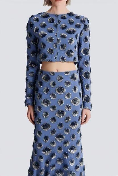 Blue Sequin Crop Evening Dress Set