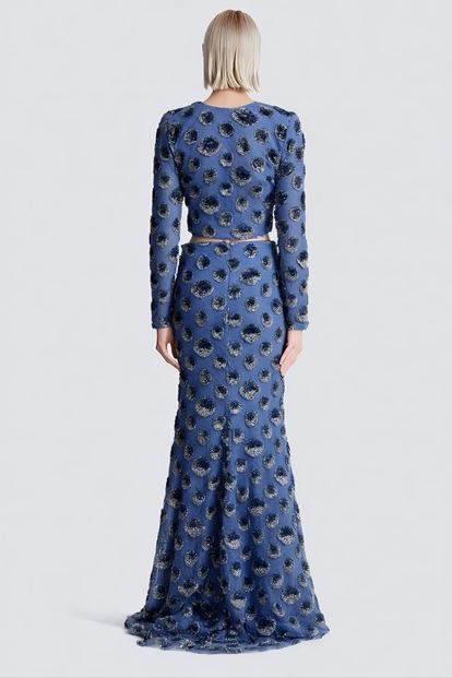 Blue Sequin Crop Evening Dress Set