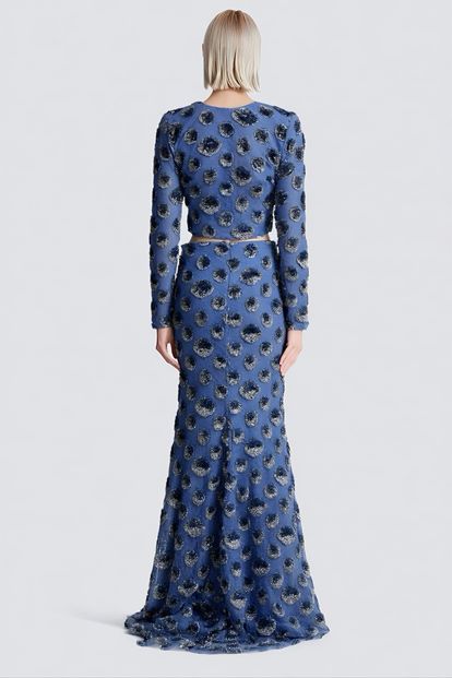 Blue Sequin Crop Evening Dress Set