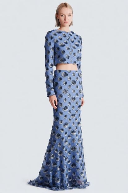 Blue Sequin Crop Evening Dress Set