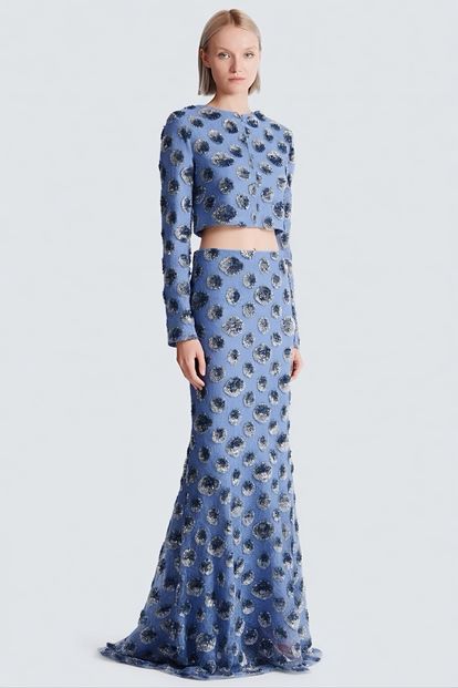 Blue Sequin Crop Evening Dress Set