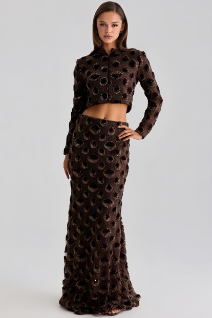 Brown Sequin Crop Evening Dress Set