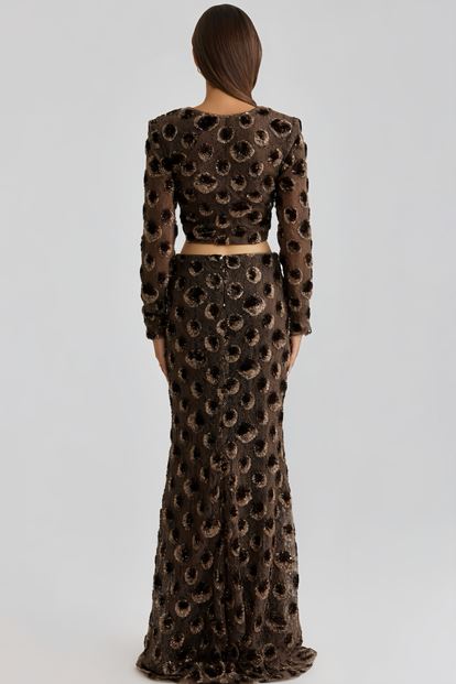 Brown Sequin Crop Evening Dress Set