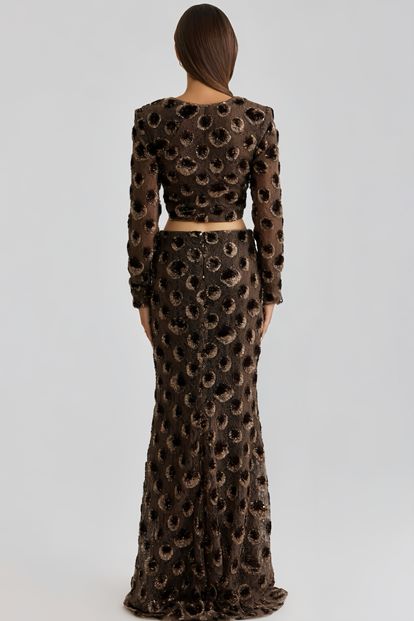Brown Sequin Crop Evening Dress Set