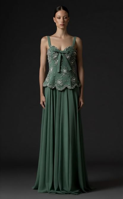Green Evening Dress with Bow Detail