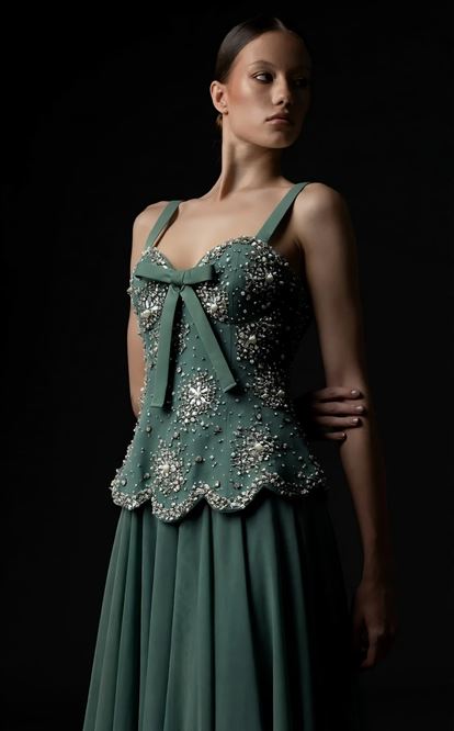 Green Evening Dress with Bow Detail