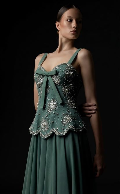 Green Evening Dress with Bow Detail