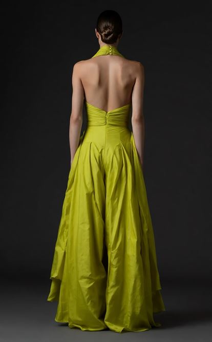 Olive Halter Yaka Geniş Paça Abiye  Tulum