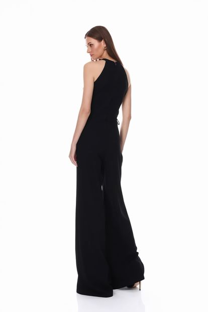 Siyah Halter Yaka Çiçek Detaylı Abiye Tulum