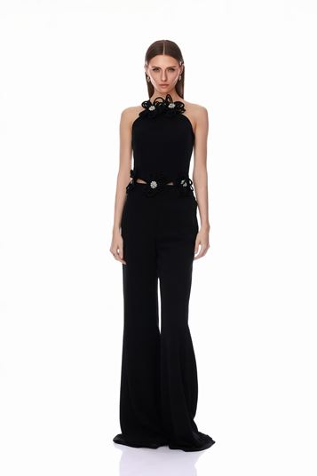 Siyah Halter Yaka Çiçek Detaylı Abiye Tulum