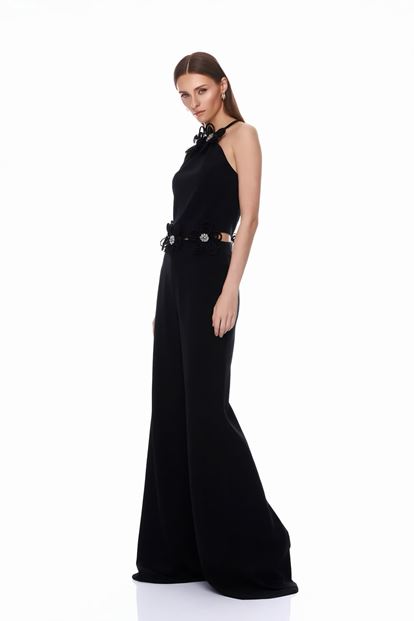 Siyah Halter Yaka Çiçek Detaylı Abiye Tulum