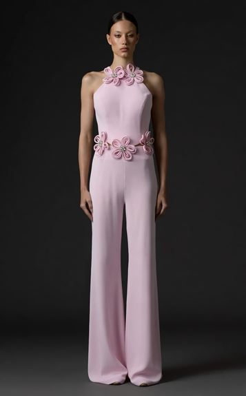 Pembe Halter Yaka Çiçek Detaylı Abiye Tulum