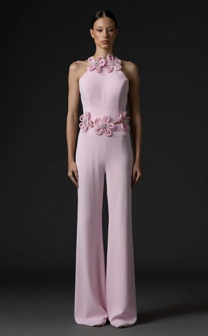 Rosa Abendjumpsuit mit Neckholder und Blumenmuster