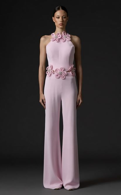 Rosa Abendjumpsuit mit Neckholder und Blumenmuster