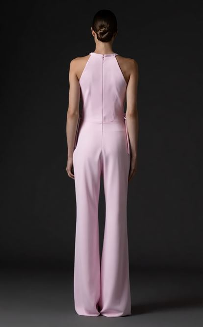 Rosa Abendjumpsuit mit Neckholder und Blumenmuster