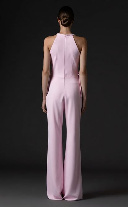 Rosa Abendjumpsuit mit Neckholder und Blumenmuster