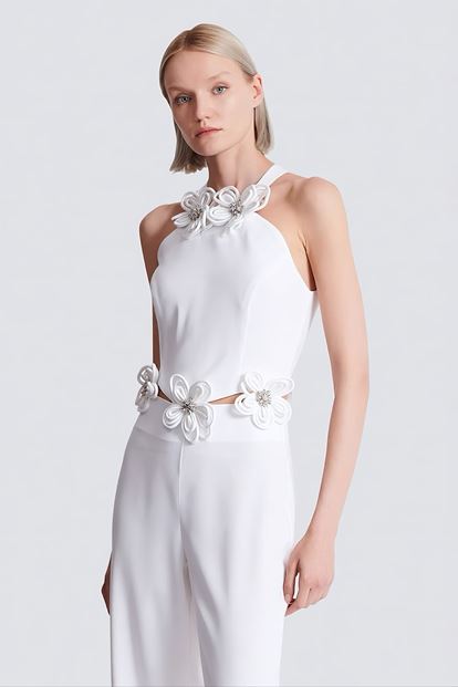 Kemik Halter Yaka Çiçek Detaylı Abiye Tulum