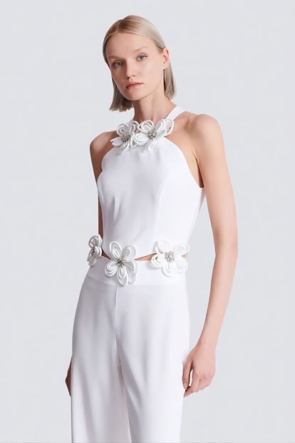 Kemik Halter Yaka Çiçek Detaylı Abiye Tulum