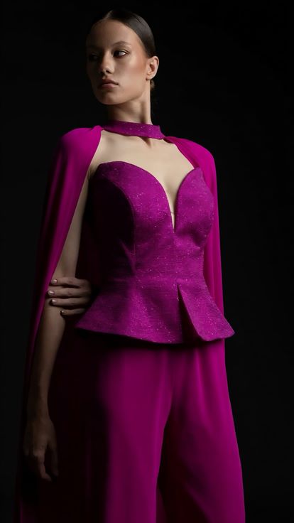 Fuşya Peplum Kesim Abiye Tulum
