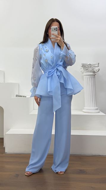 Mavi İnci İşlemeli Şifon Ceketli Büyük Beden Abiye Pantolon Takım
